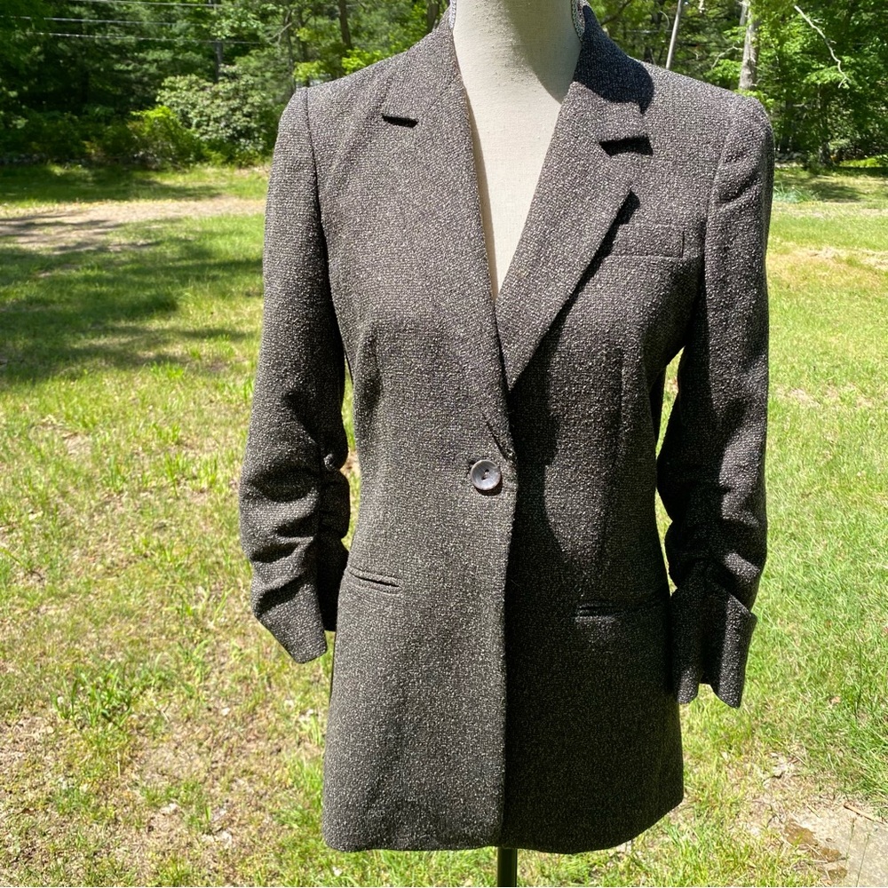 PEACE OF CLOTH JACKET COAT BLAZER BLACK GRAY 3/4 RUCHED SLEEVE POCKETS USA Sz 4